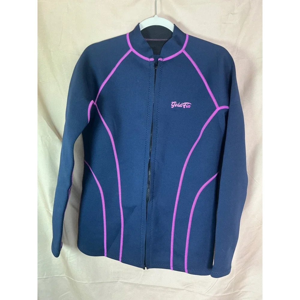 GoldFin Wetsuit Top Womens 2mm Navy Pink Excellent Zip Front Long Sleeve Jacket